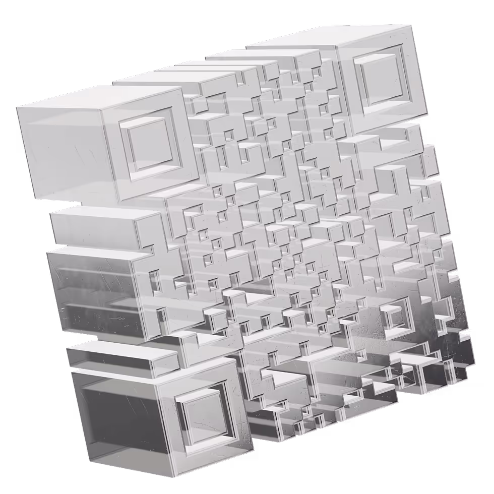 Three-dimensional transparent QR code with raised blocks and beveled edges on a black background.