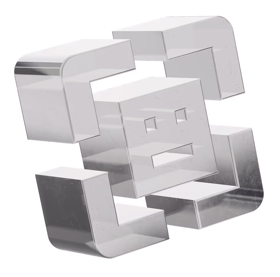 3D metallic silver abstract face composed of geometric blocks forming eyes and a mouth.