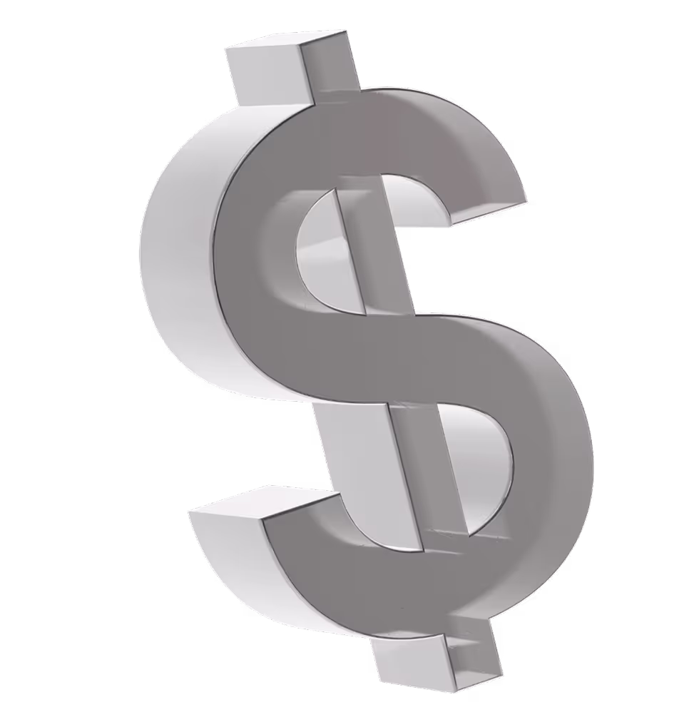3D metallic silver dollar sign symbol on a transparent background.