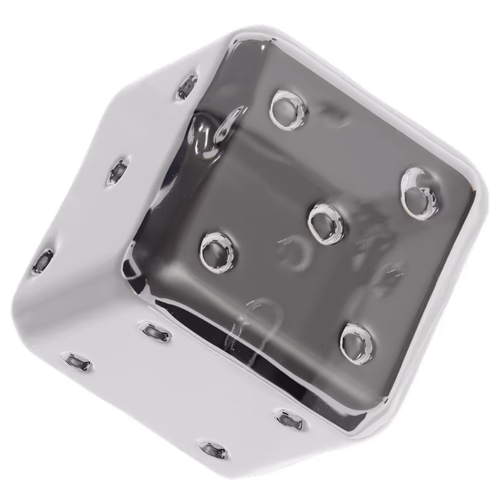 Glossy white and black six-sided die showing the numbers six, four, and three.