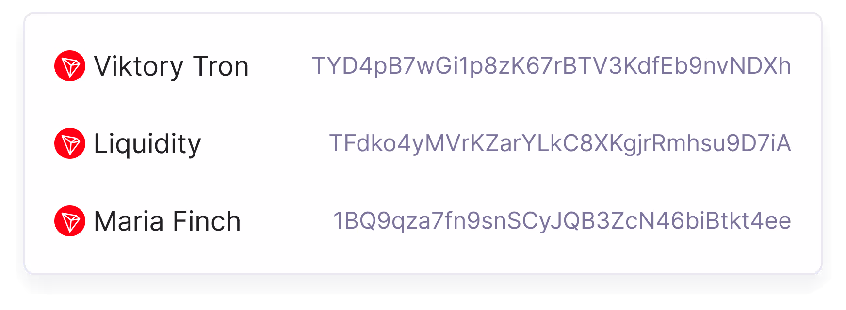 A list of TRON wallets in payout address book