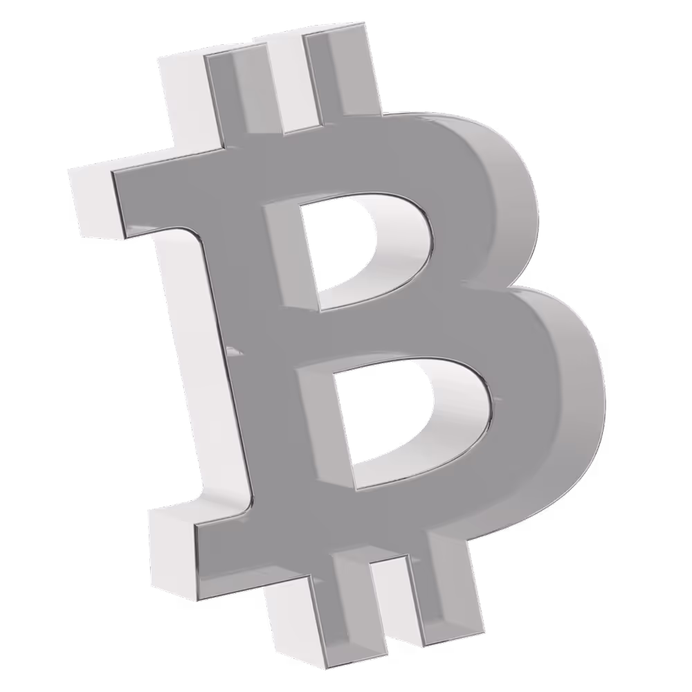 3D silver Bitcoin symbol with a reflective metallic surface on a transparent background.