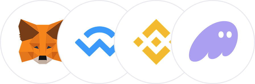 Icons of four cryptocurrency wallets: MetaMask fox face, CoinW blue stylized 'W', Binance yellow diamond emblem, and Ghost purple ghost shape.