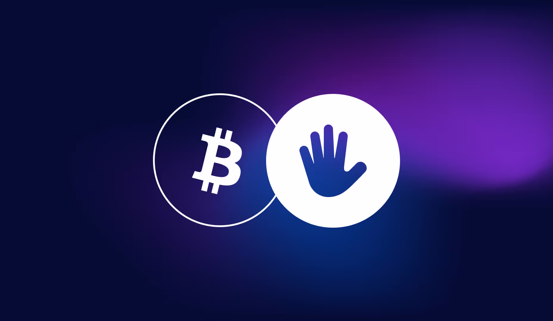 Bitcoin ticker with open "attention style" hand on purple gradient background