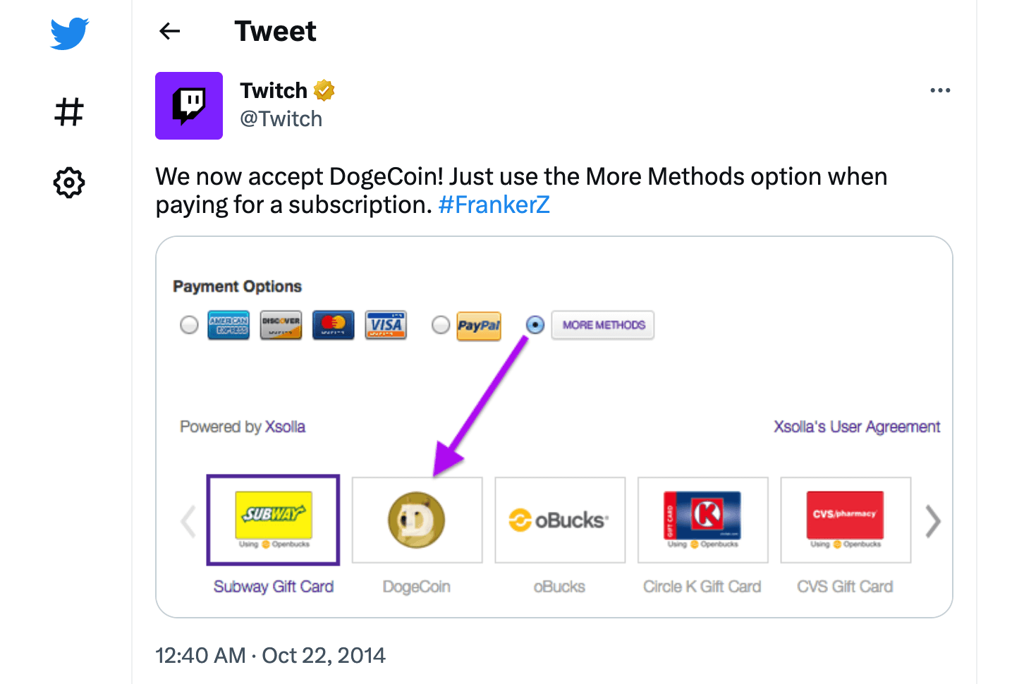 Twitch payment options including DogeCoin
