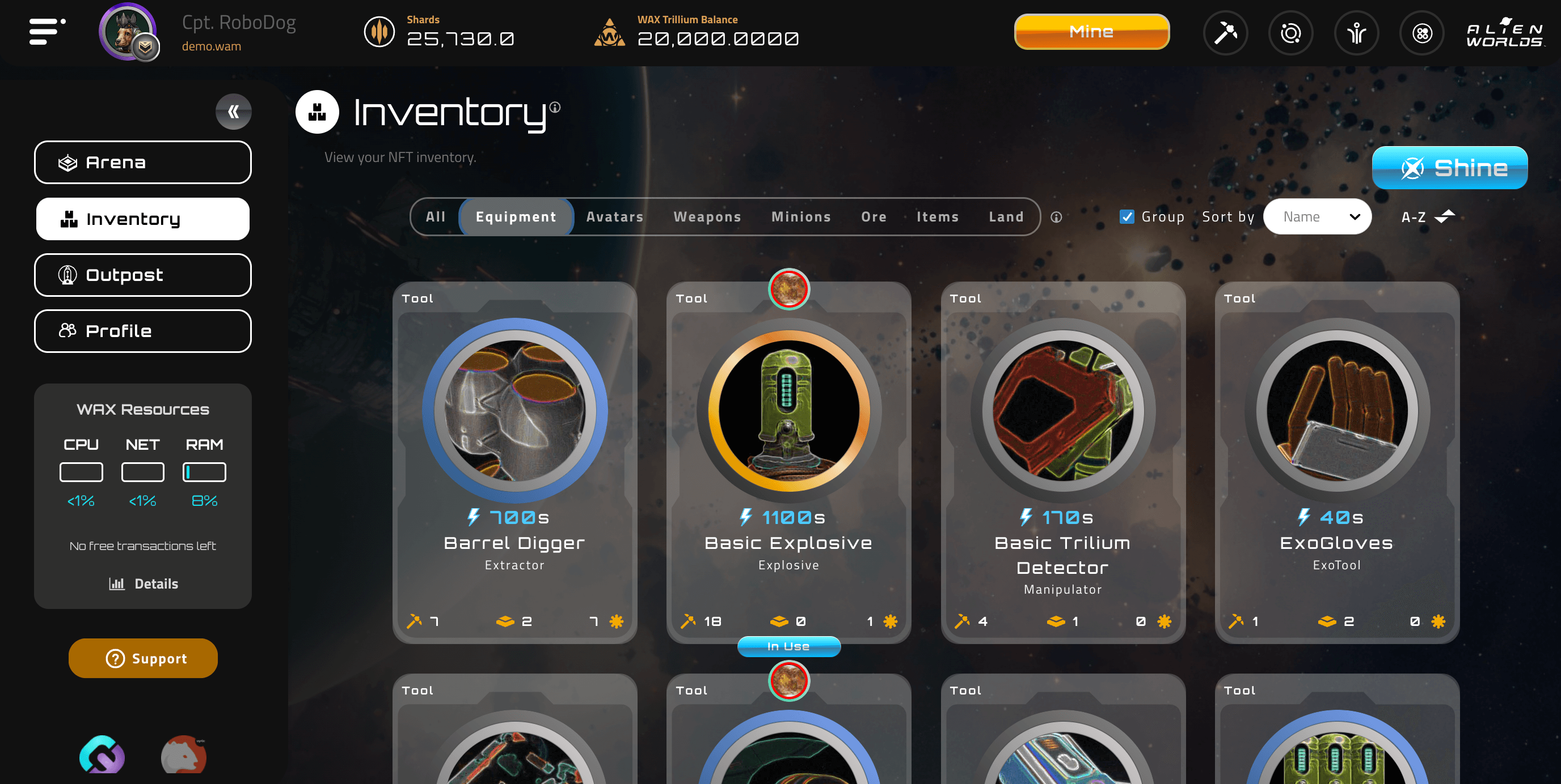A screenshot of Alien Worlds gameplay