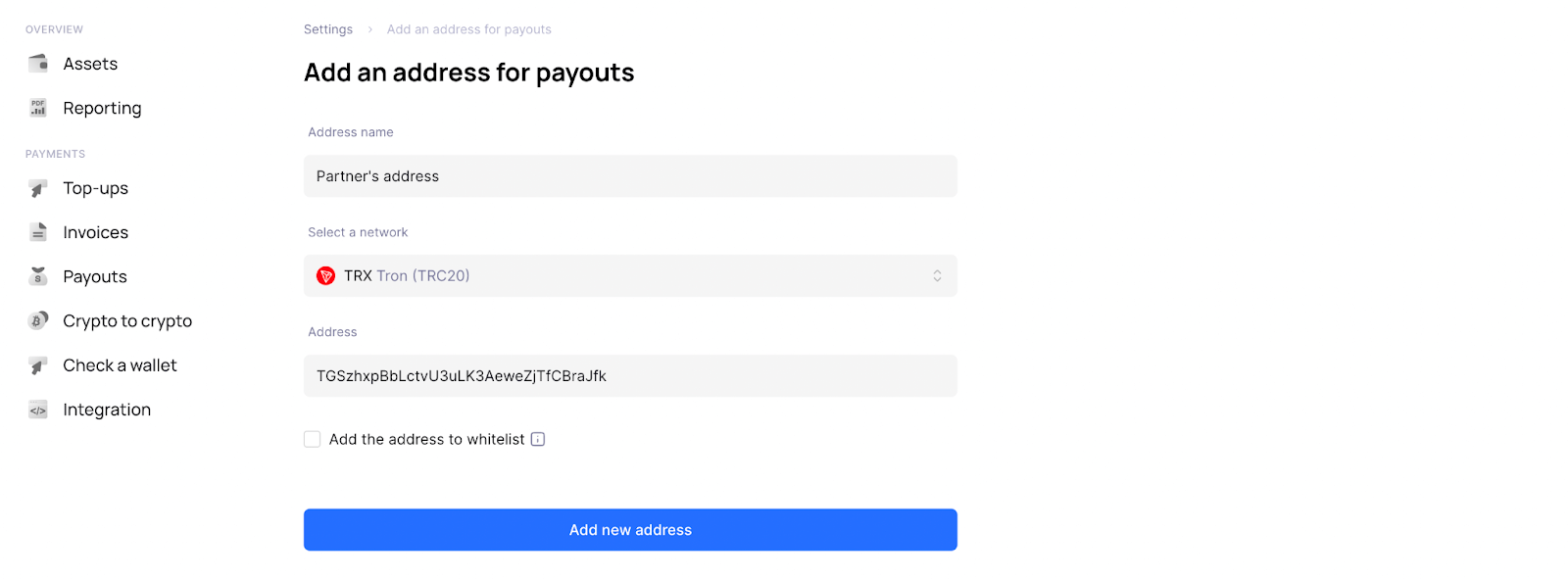 Creating an address for address book in Calypso Pay 2.0 user dashboard