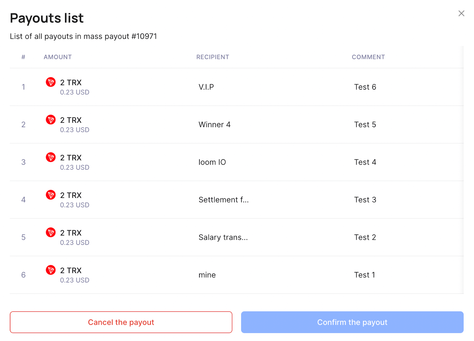 Payouts list for mass payouts in Calypso Pay 2.0 user dashboard