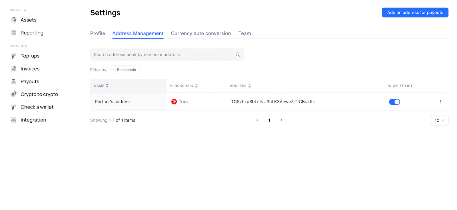 Whitelisting the address in Calypso Pay 2.0 user dashboard