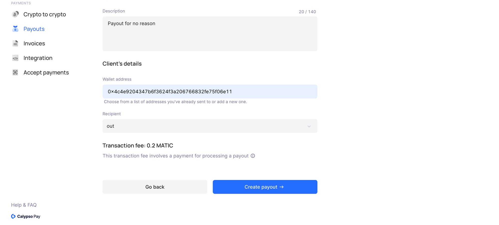 Client details in payout screen