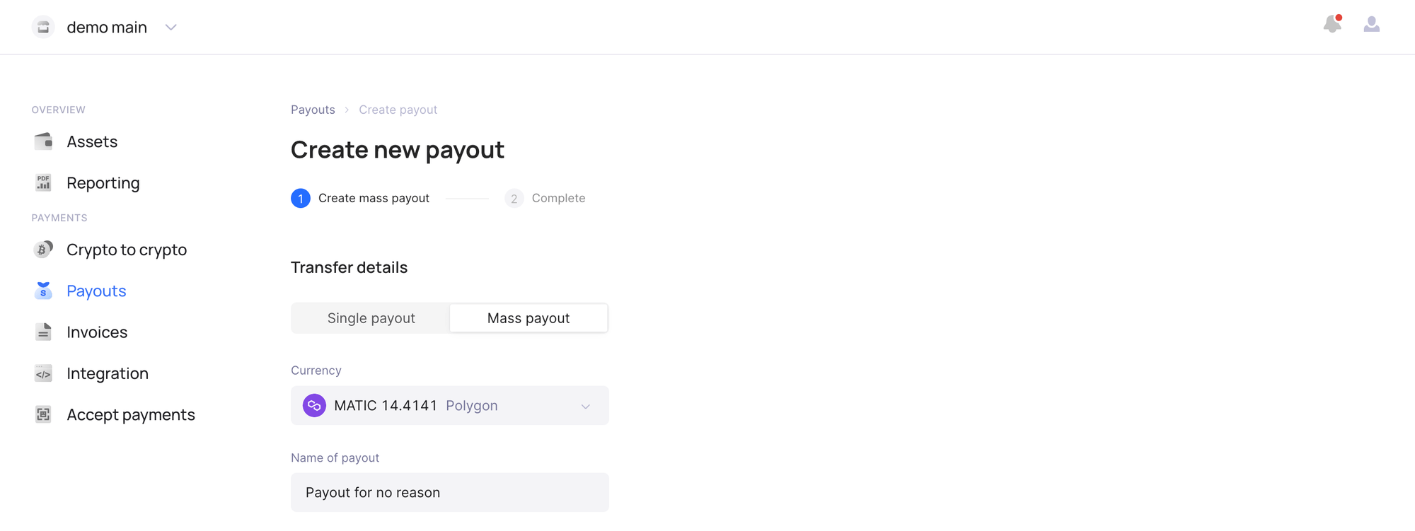 Create mass payout screen